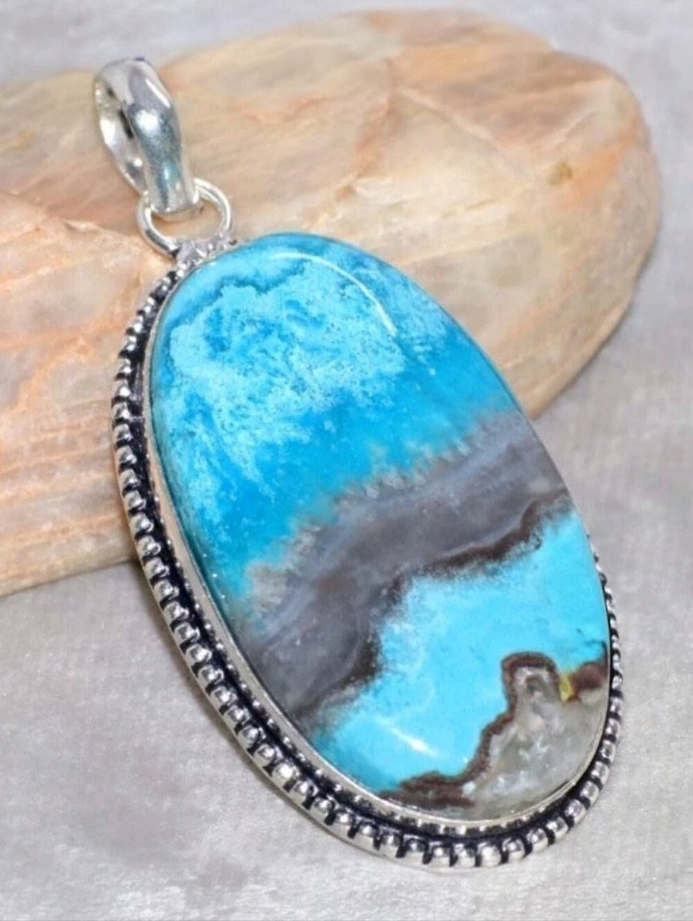 Mexican Blue Crazy Lace Agate Gemstone 925 Sterling Silver Pendant Necklace